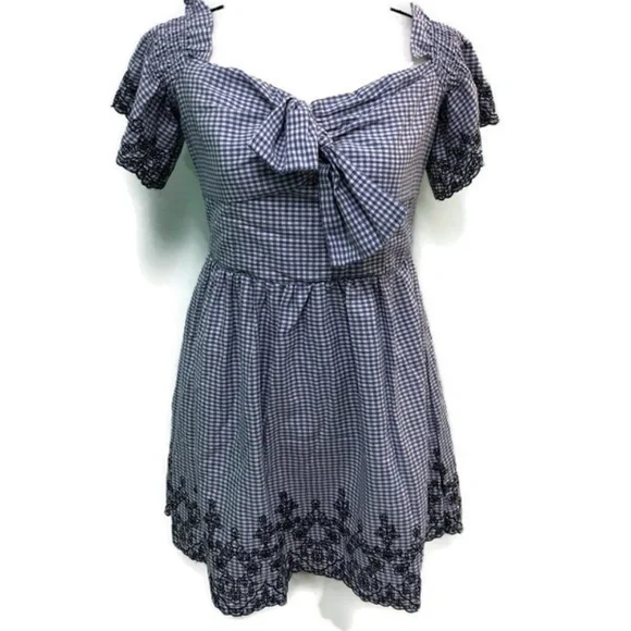blue gingham off the shoulder dress Dorothy Midi Dress